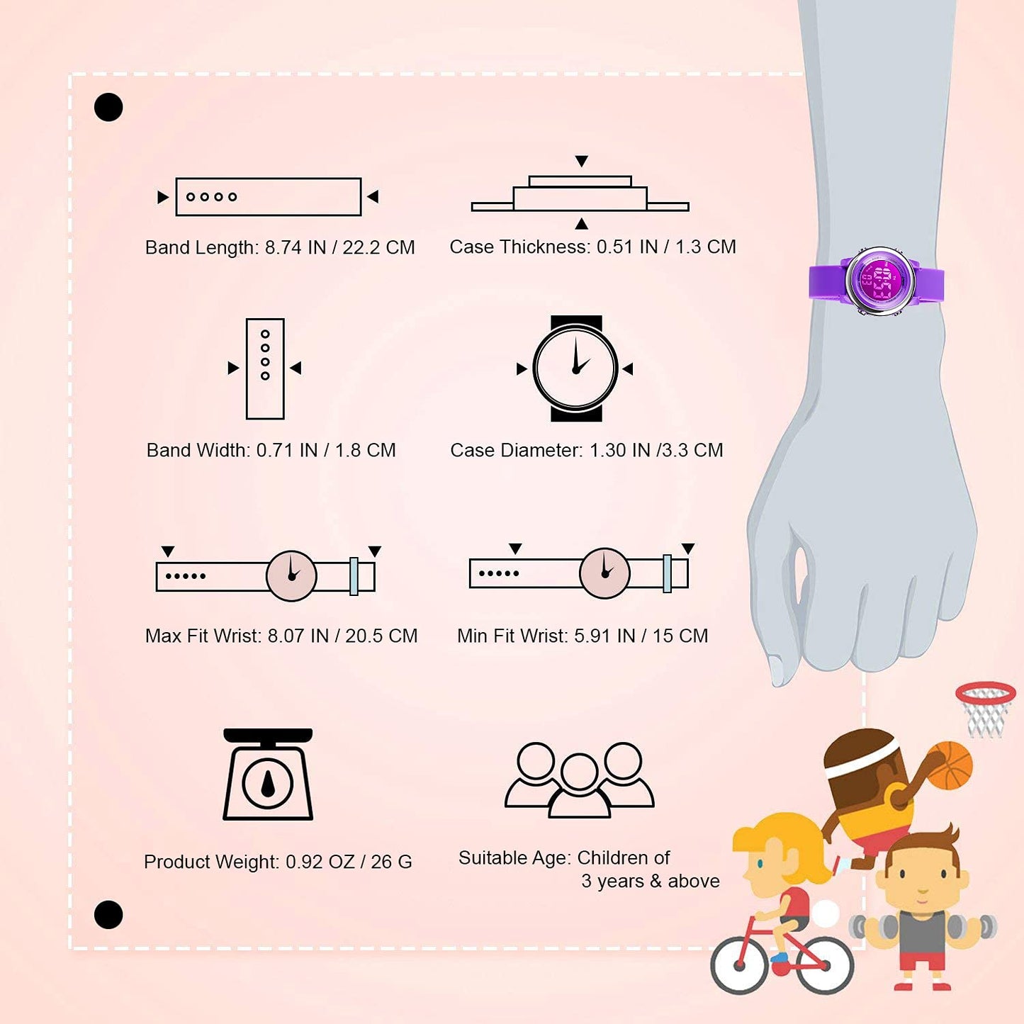 boys and Girls Digital Watch - Kids Sports Waterproof Electrical Outdoor Stopwatch Alarm 7 Color LED Luminescent Watches for Youth Girl - Purple