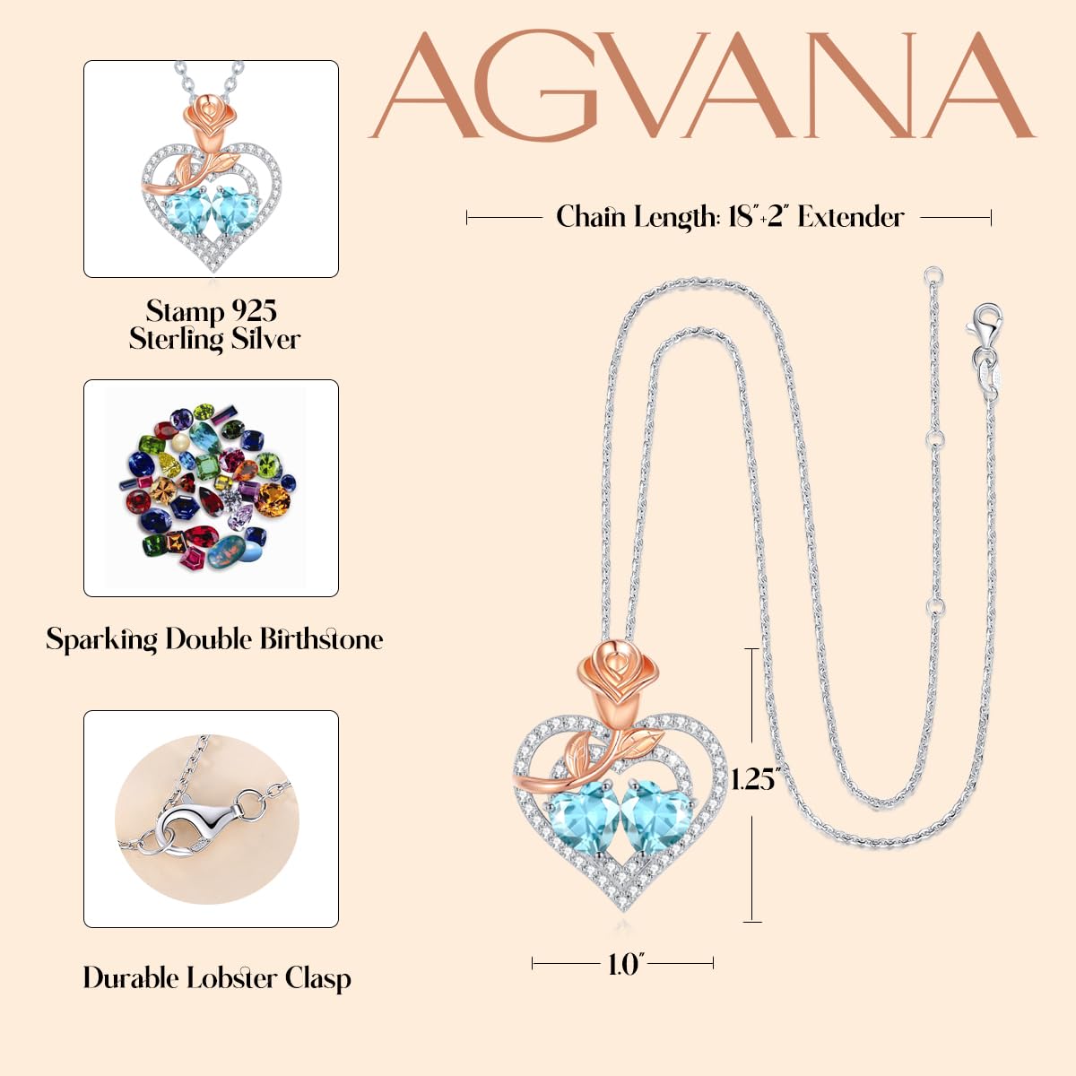 AGVANA March September Birthstone Jewelry Aquamarine Sapphire Necklace Sterling Silver Rose Flower Heart Double Birthstone Pendant Necklace Anniversary Birthday Gifts for Women Mom Wife Lady Her