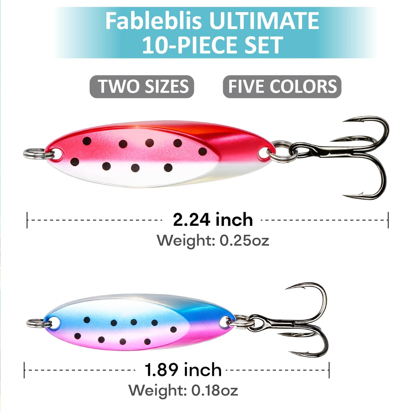 Fableblis 10pcs Fishing Spoons Lures Kits, Trout Saltwater Fishing Lures, 2 Size Casting Metal Spoon with High Flash, Heavy Duty Jigs Lures for Trout Walleye Bass Pike Crappie