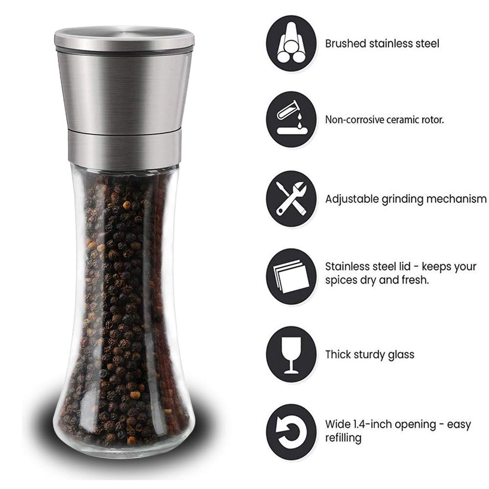 Salt and Pepper Grinder Set, 2-Piece Set, Stainless Steel Material, Adjustable Granularity, Sea Salt Grinder and Pepper Grinder Can Be Refilled, With Stand and Cleaning Brush