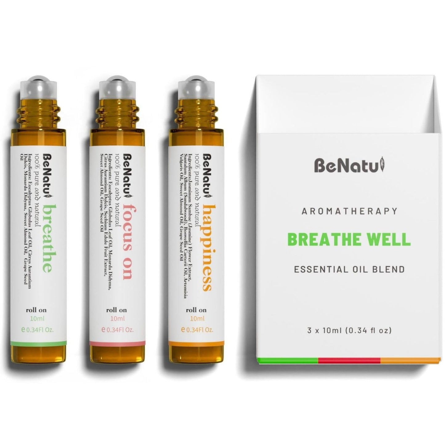 Benatu Essential Oil Blends Set (Breathe, Focus on, Happiness), Natural Aromatherapy Roll On for Massage, Body Skin Care, Home - Natural Fragrance Gift Roller for Women and Men