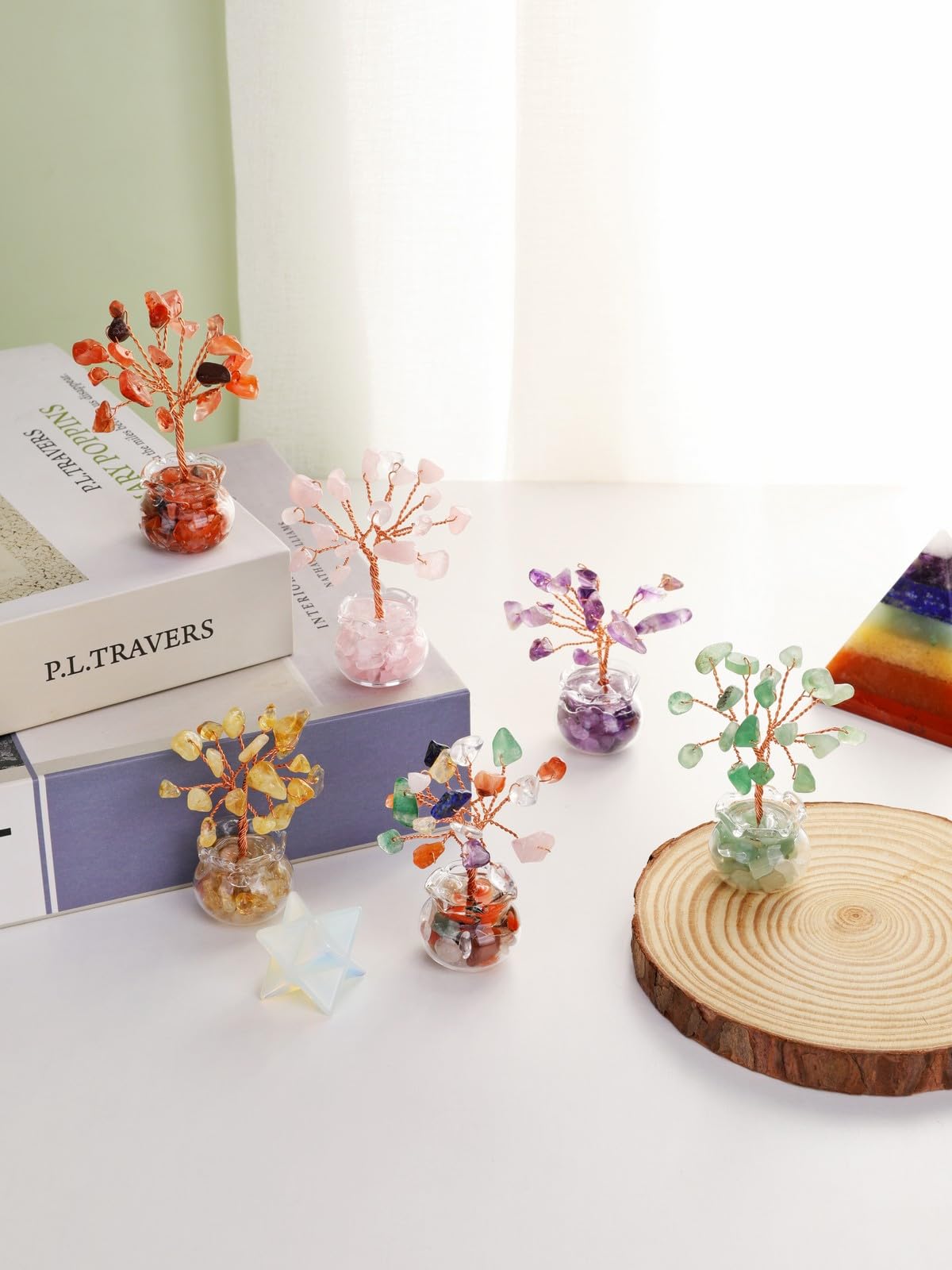 Jovivi 12pcs Chakra Crystal Tree Set Tree of Life Gemstone Money Trees with Glass Base,Natural Healing Crystals and Stones for Positive Energy Good Luck Home Office Decor for Women Mom Birthday Gifts