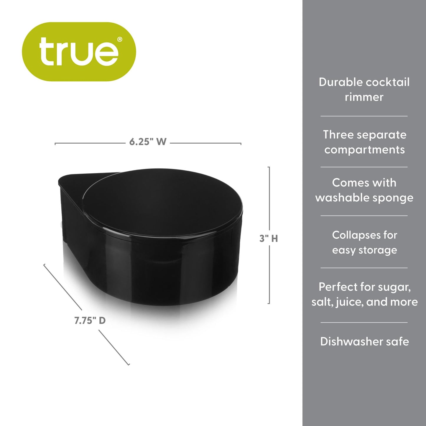 True 3-Tiered Cocktail Rimmer – Salt, Sugar, & Lime Juice Garnishing Tool – Dishwasher Safe for Home Bars - Bartender Accessory, Home Bar Supplies - Set of 1