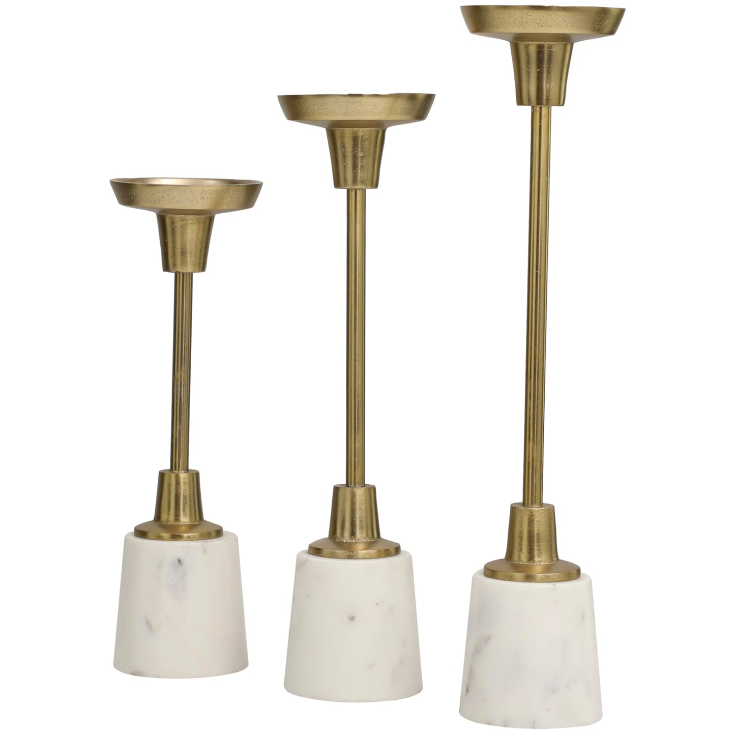 Deco 79 Aluminum Slim Candle Holder with White Marble Base, Set of 3 15, 13, 11" H, Gold