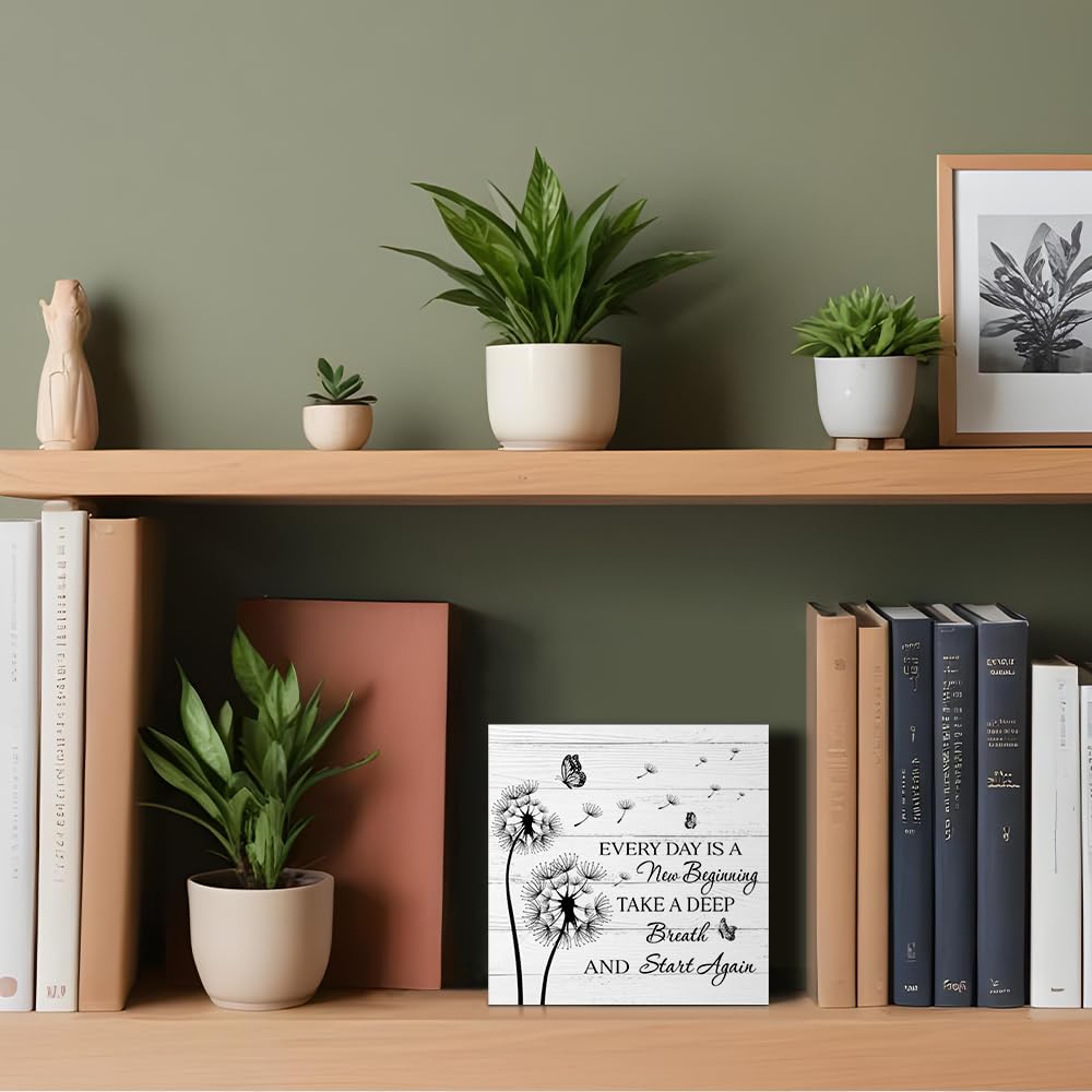 PUVOXHO Every Day Is A New Beginning Take A Deep Breath And Start Again Wooden Sign Desk Decor for Home Office Farmhouse Bedroom, Yoga Spa Room Decor, Inspirational Gifts for Women Friend Coworker BFF