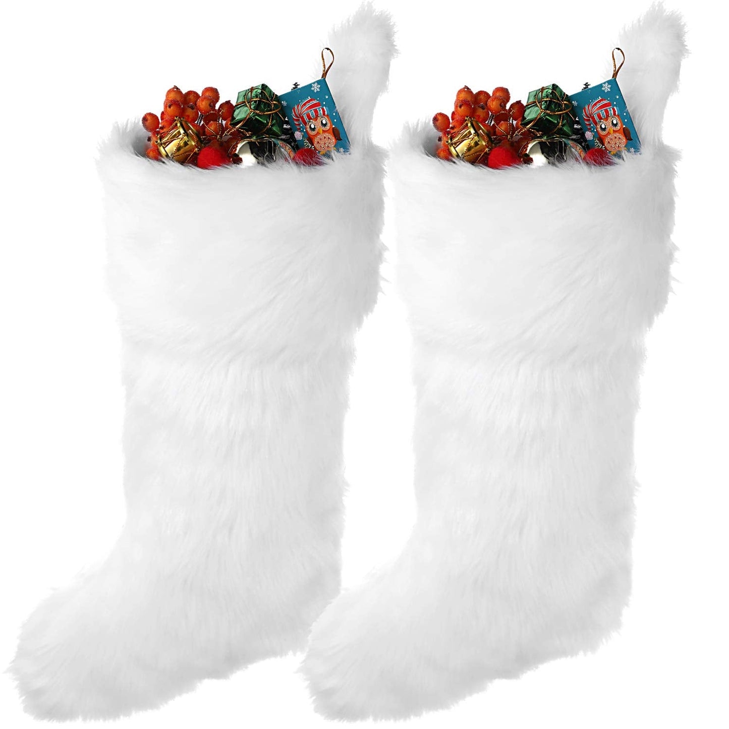 Pangda 2 Pcs White Christmas Stockings 20 Inch Faux Fur Xmas Stocking Snowy Stockings Fireplace Hanging Gift Bags for Xmas Holiday Family Party Decoration