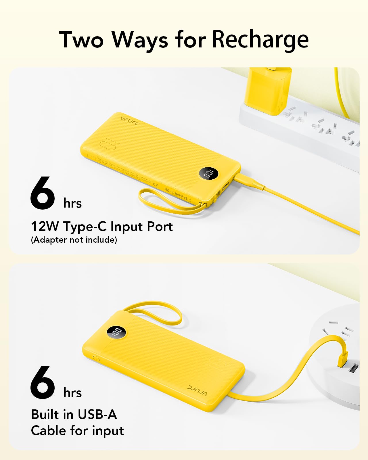 VRURC Portable Charger with Built in Cables, Slim Power Bank 10000mAh, USB C Battery Pack Travel Essential, 5 Outputs 2 Inputs Phone Charging Bank for iPhone 16 15 14 13,Samsung,Android-Black(1 Pack)