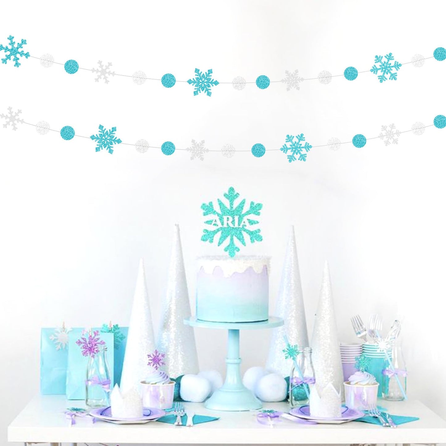 Snowflake-Snow Teal-Silver Christmas Party-Decoration Garland - 52Ft Turquoise White Winter Wonderland Frozen Hanging Paper Streamers,Birthday New Year Baby Shower Classroom Decor Lasting Surprise