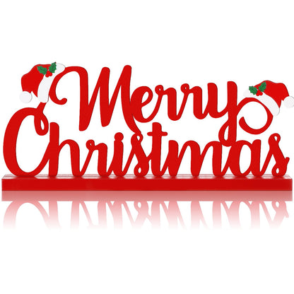 Realspring Merry Christmas Metal Sign Red Christmas Table Decoration Xmas Tiered Tray Decor Freestanding Metal Word Sign with Wooden Base for Xmas Home Tabletop Centerpiece Mantel Fireplace