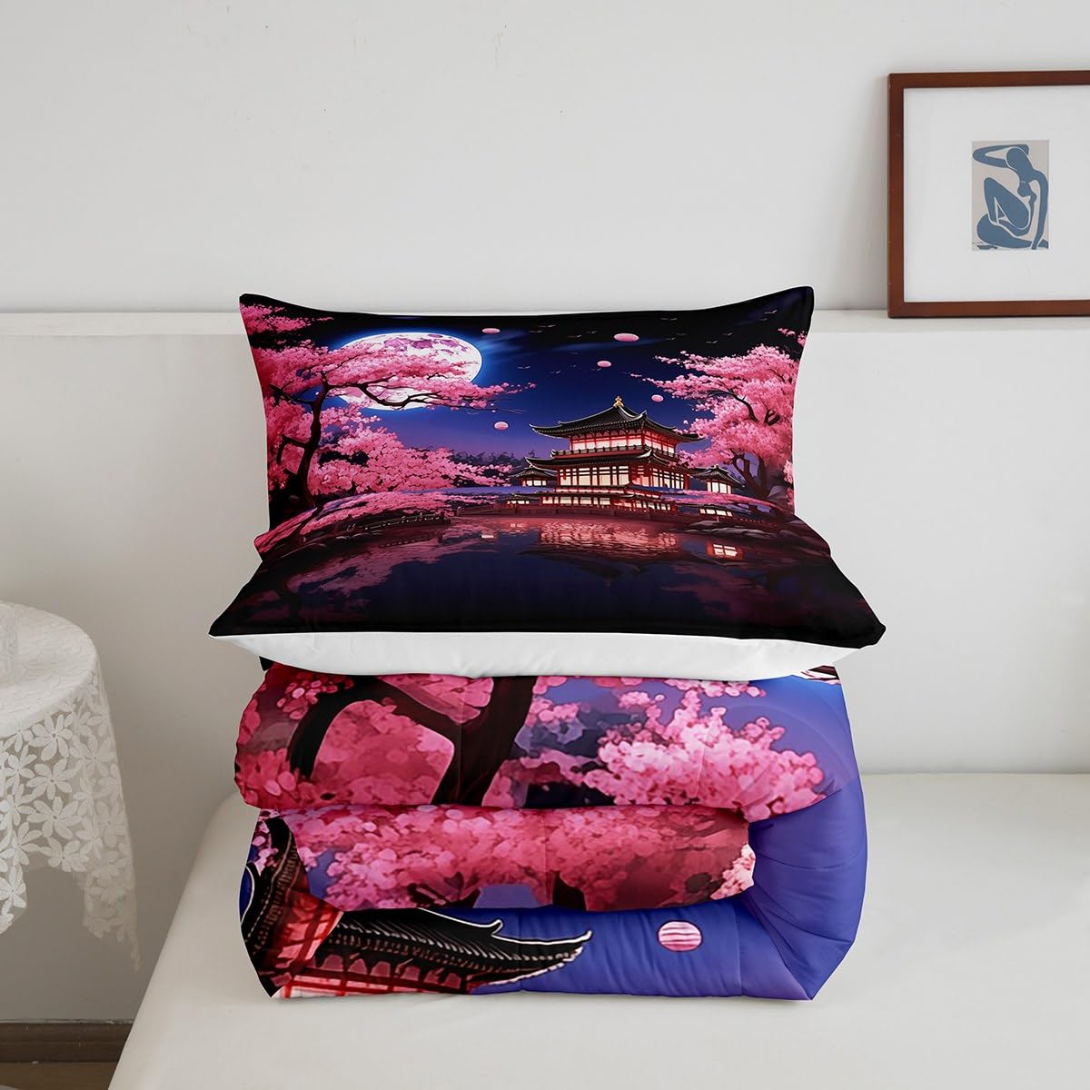 Pink Cherry Blossoms Comforter Set Full Size,Japanese Style Building View Bedding Set for Kids Girls Women Men Bedroom Decor,Night Moon Quilt Set Romantic Exotic Duvet Insert,2 Pillowcases