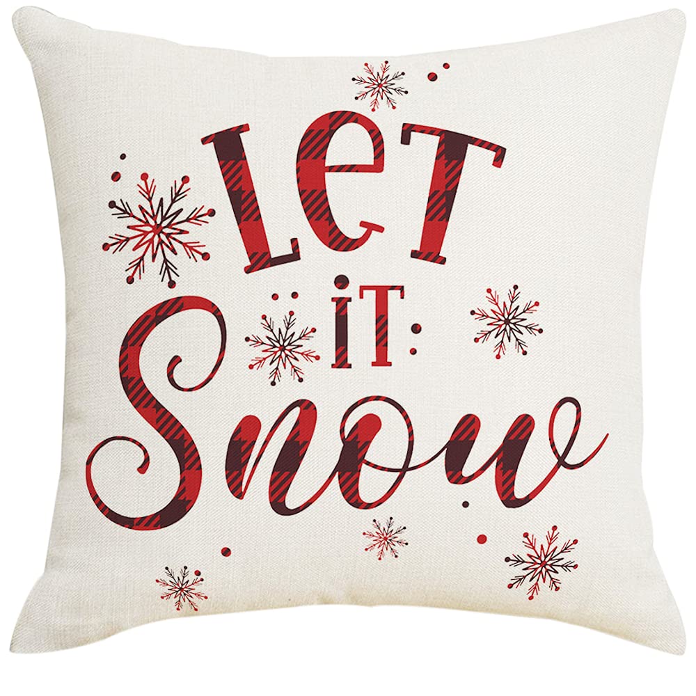 Artmag 16x16 Christmas Pillow Covers, Decorative Farmhouse Christmas Vibes Believe Buffalo Plaid Let it Snow Outdoor Pillow Shams Cases Slipcovers Set of 4 for Couch Sofa