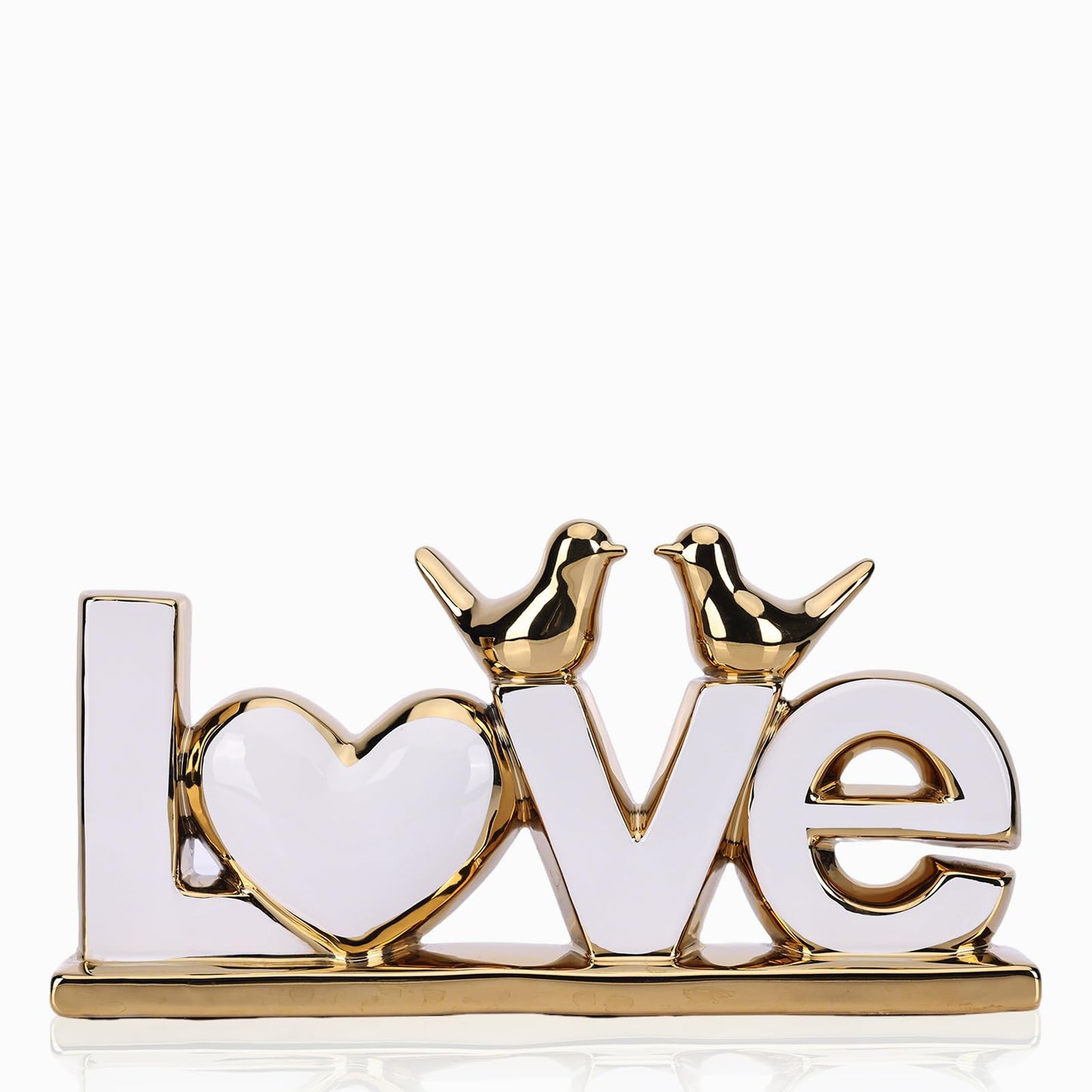 DOVDOV White and Gold Ceramic Love Sign Sculpture with Heart and Bird Statues, Modern Home Decor Accents for Living Room Coffee Table, TV Stand, Entryway and Shelf, Wedding or Housewarming Gift