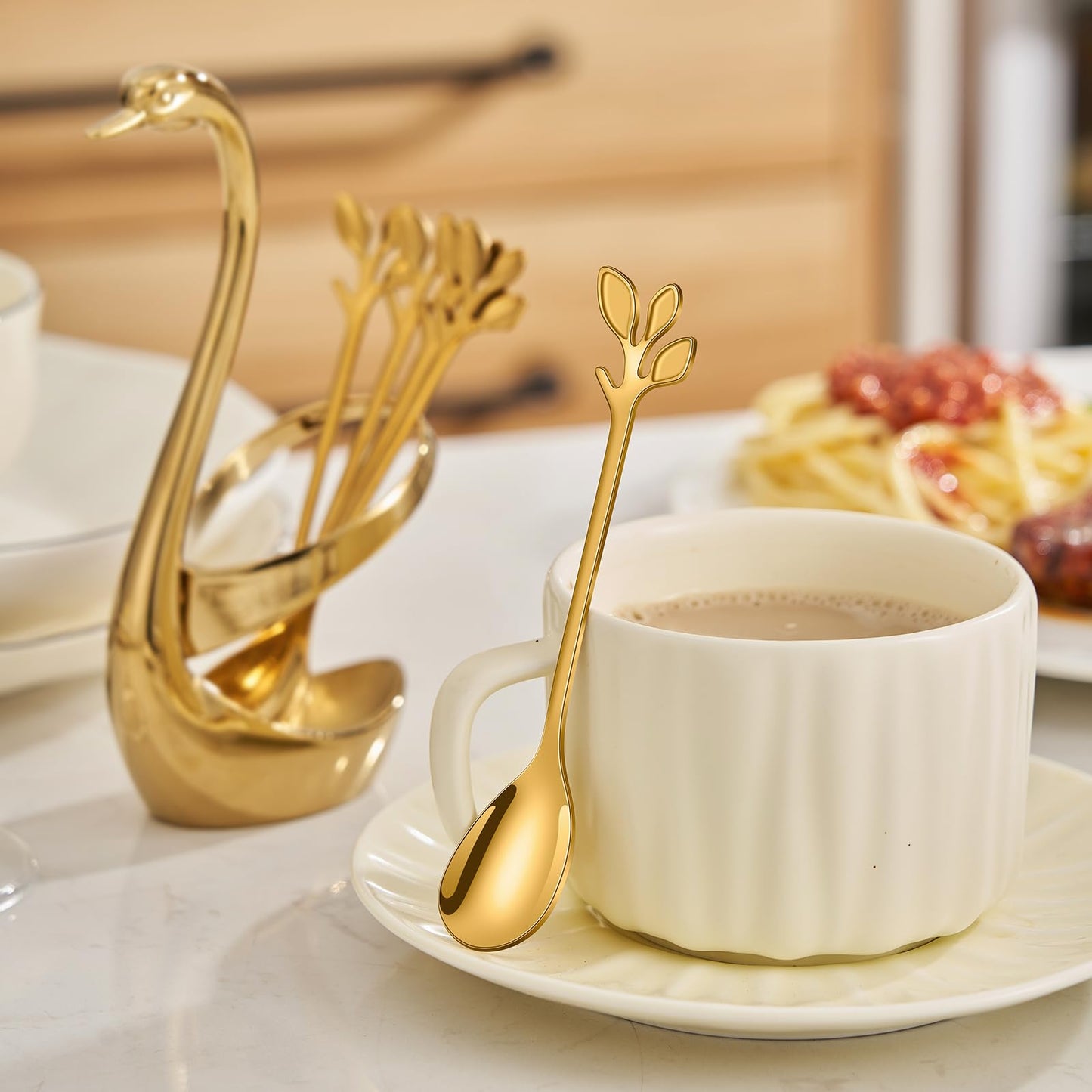 AnSaw Gold Swan Base With 10-Pcs Mini Leaf Coffee Spoon Holder Set - 4.7"