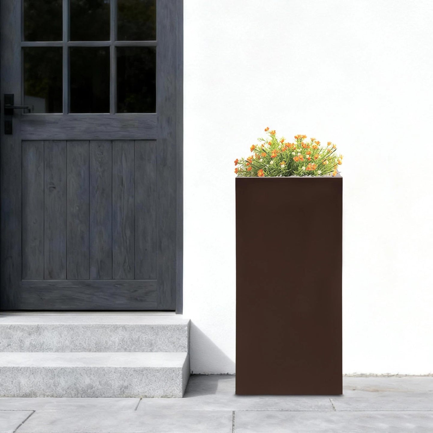 wukaeiue Galvanized Steel Planter Box 16x16x30 Inches, Brown - Modern Raised Garden Bed with Drainage Holes & Easy Assembly, Heavy Duty Metal Flower Pot for Outdoor Indoor Plants, Herbs, Flowers