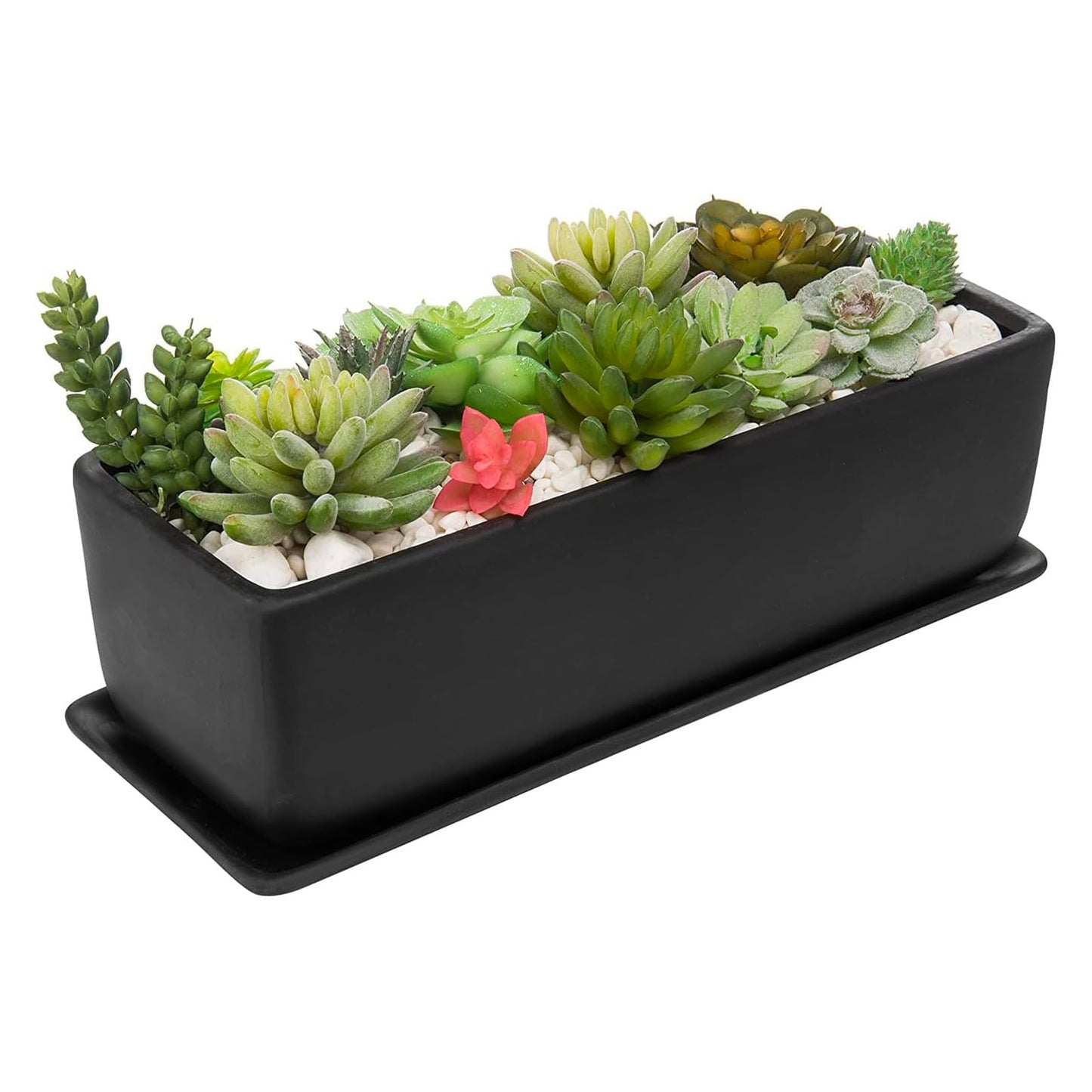 MyGift 14 Inch Ceramic Indoor Plant Pot, Rectangular Succulent Planter, Decorative Flower Planter with Drainage Hole and Removable Tray, Matte Black