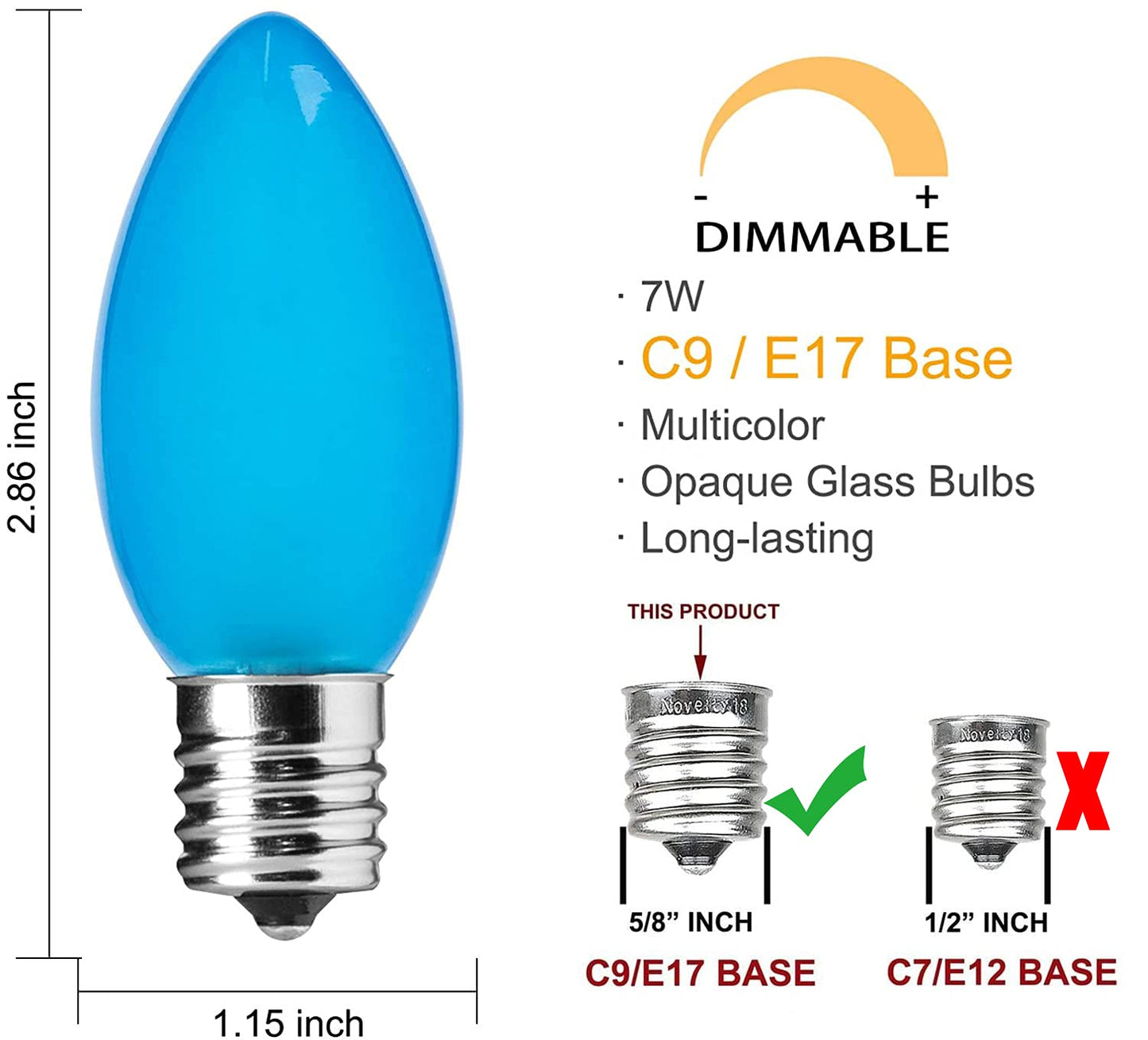 25 Pack C9 Multicolor Christmas Light Bulbs, C9 Multicolor Replacement Bulbs for Outdoor Patio Christmas String Lights, 7W Incandescent Night Light Bulbs, C9/E17 Intermediate Base Bulb,120V 7W bulb