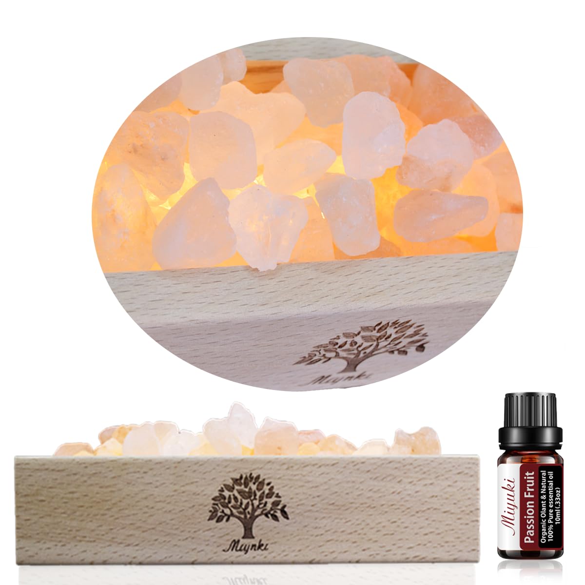 mlynkl Himalayan Pink Salt Lamp Diffuser with Wood Base - 300g Natural Salt, USB Powered, Warm Light & 10ml Passion Fruit Essential Oil Set for Aroma, Relaxation, Meditation, Home Decor, Gifts
