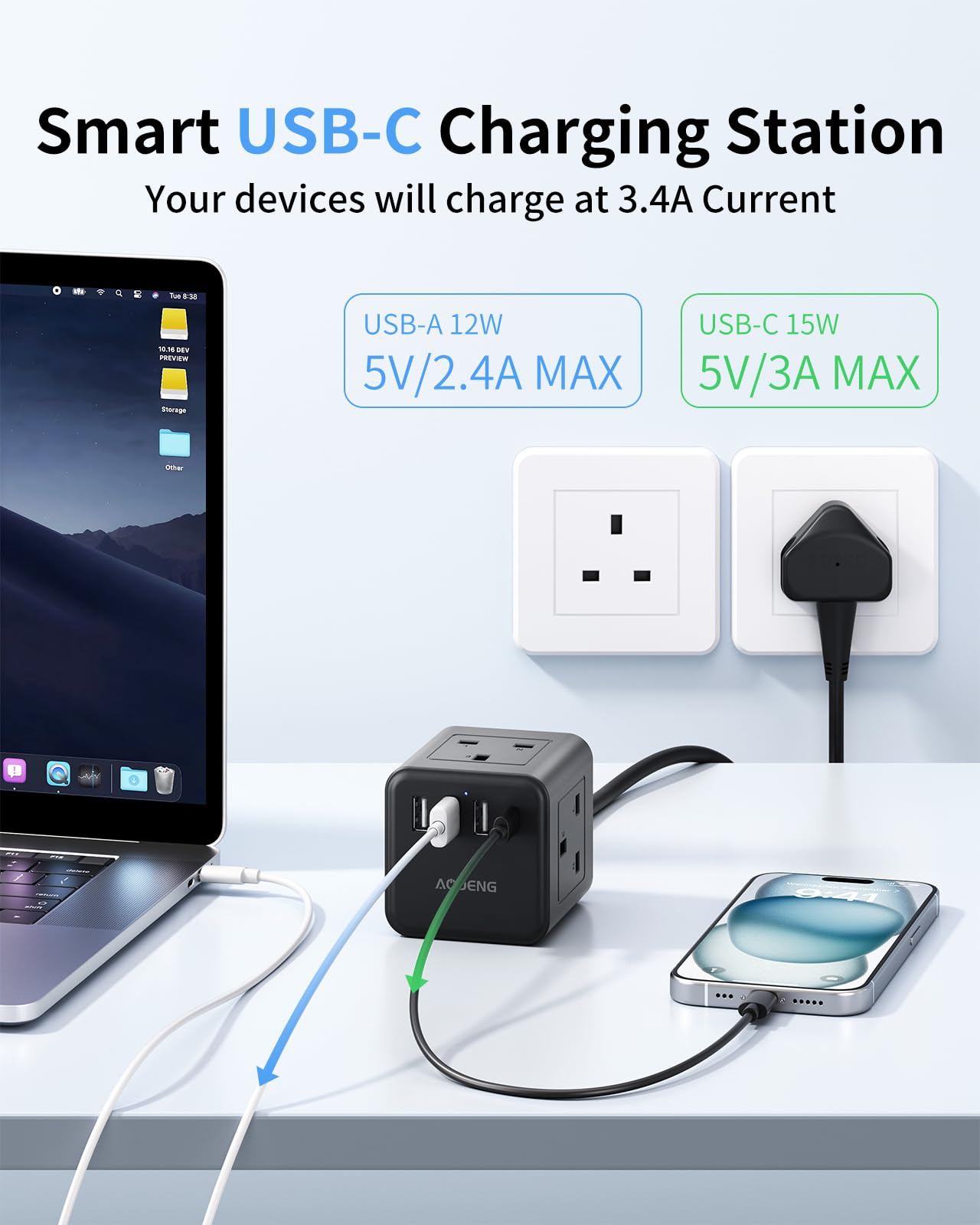 Extension Lead with 4 USB Slots, 4 Way (13A/3250W) Multi Plug Extension Cable, UK Desktop Power Extension Cord with Multi Socket, 1.5M Extension Cable (black, 1.5M)