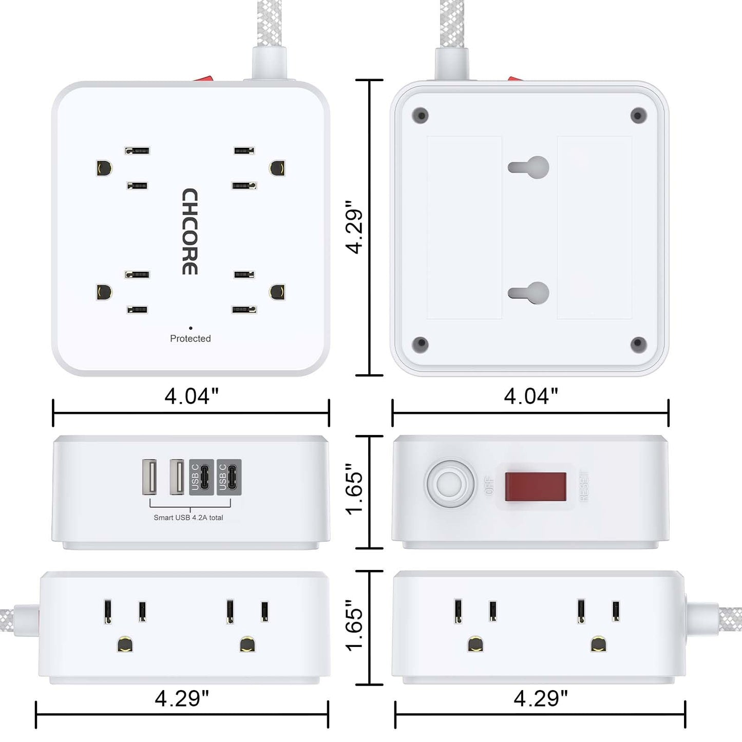 Surge Protector Power Strip - CHCORE 5Ft Braided Extension Cord with 8 Outlets with 4 USB (2 USB C) Charging Ports, Flat Plug Multi Plug Outlet Extender Charging Station for Home Office, ETL, White
