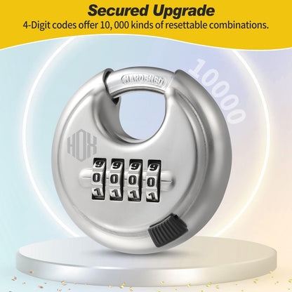 HOX Combination Lock, 4 Digit Disc Padlock with 3/8 Inch Hardened Steel Shackle, 2-3/4 Inch Wide Body, Keyless Heavy Duty Combo Lock for Hasp Latch, Sheds, Fences, Storage Locker (4 Pack)