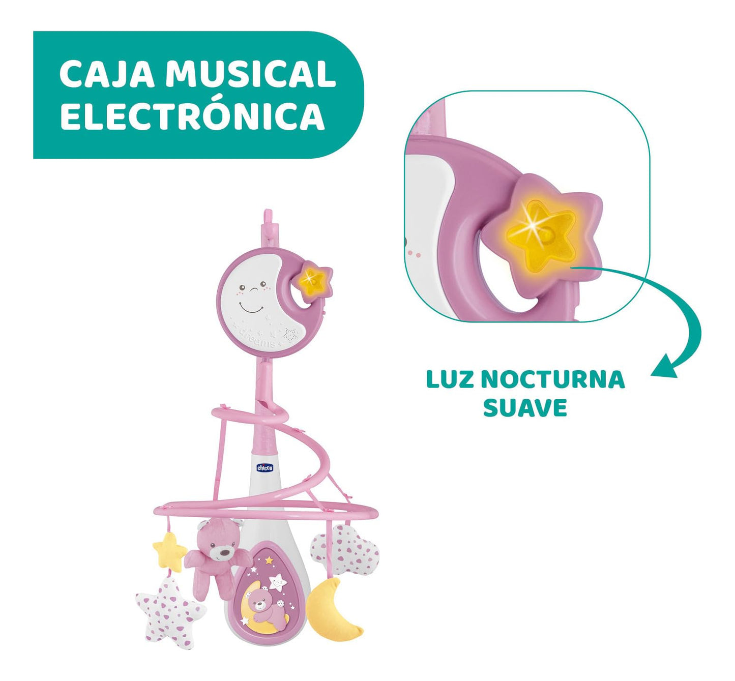 Chicco Next2Dreams Baby Mobile with Music Box for Cot and Bed - 3 in 1 Baby Mobile Compatible with Next2Me Cot, with Sound Effects, Soft Night Light Projector and Classical Music - 0+ Months, Pink