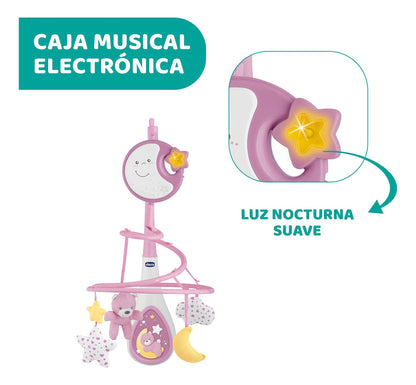 Chicco Next2Dreams Baby Mobile with Music Box for Cot and Bed - 3 in 1 Baby Mobile Compatible with Next2Me Cot, with Sound Effects, Soft Night Light Projector and Classical Music - 0+ Months, Pink