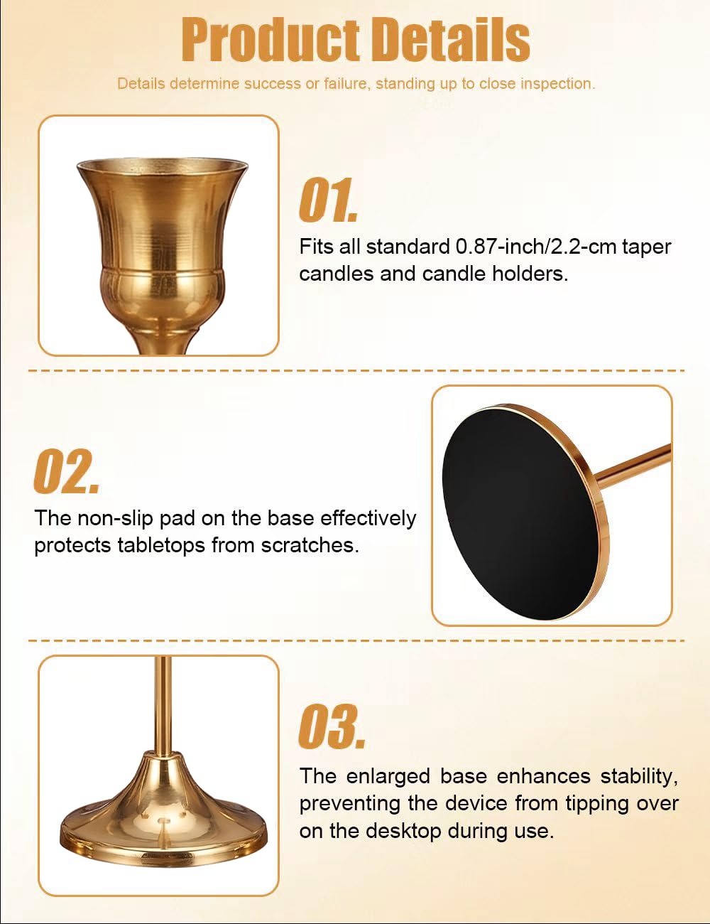 Oakernel Brass Taper Candle Holders 2 Sets(6 Pcs) - Tall Metal Candlestick Holders for Table Centerpiece, Formal Dinner, Wedding, Fireplace Mantel Decor, Fits 3/4 Inch Thick Candles