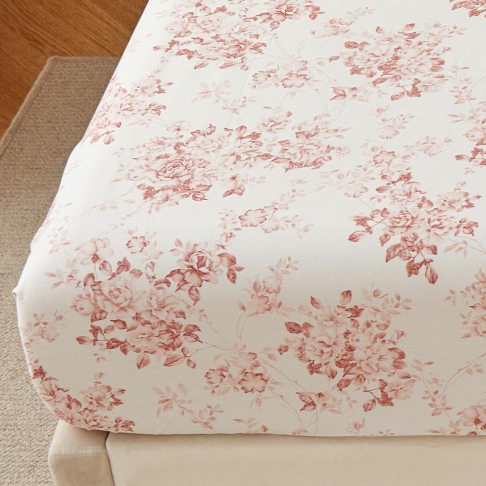 DAUAOTO 100% Cotton Bedding Printed Sheets Set for Queen Size Bed Up to 14" Deep Mattress, Toile Rose Floral Pattern Bedlinen Sets,Pale Red
