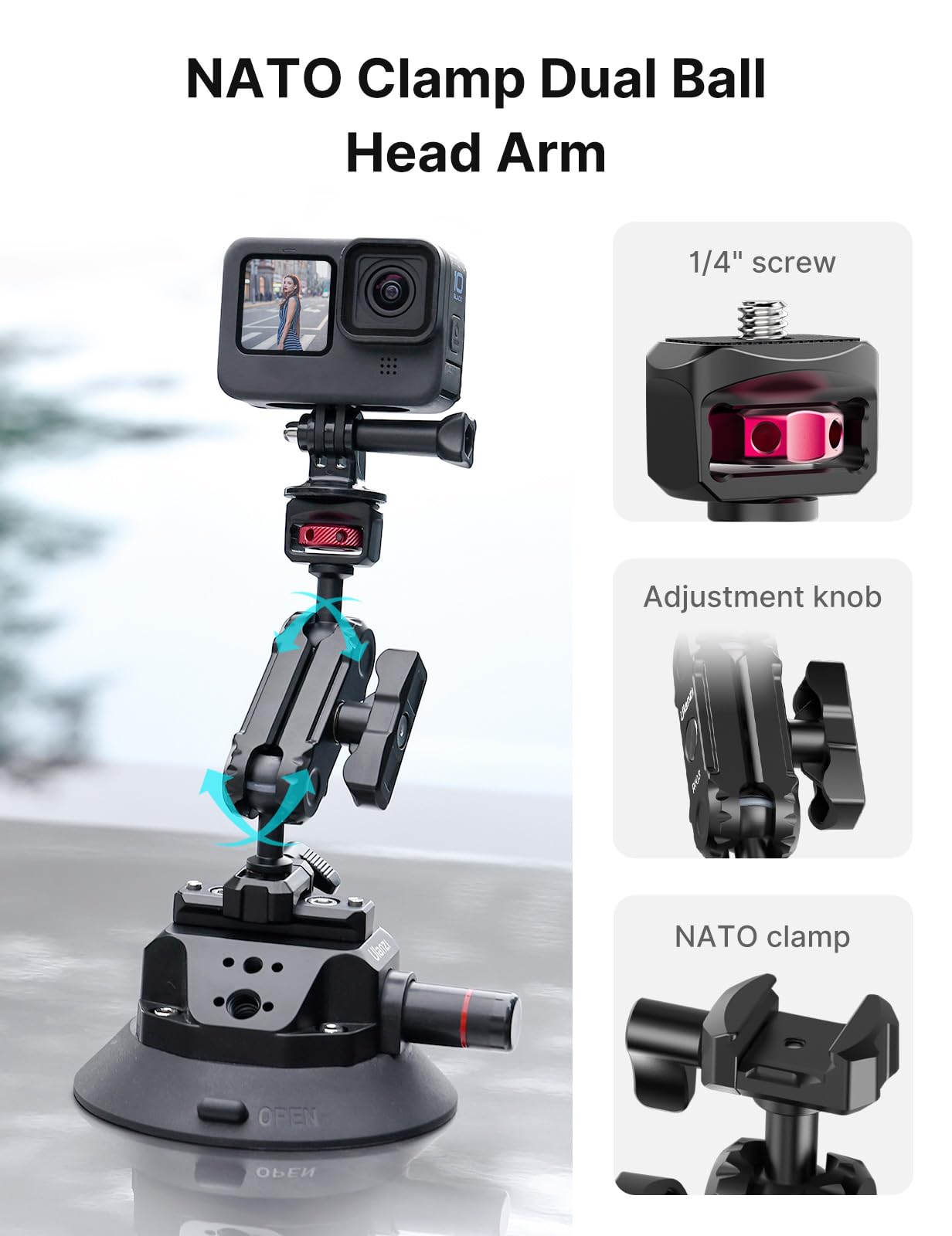Ulanzi SC-02 Heavy-Duty Suction Cup Mount for Camera/Accessory (4.5"), Pump-actived Vacuum Camera Suction Cup Mount for Action Cameras w Quick Release NATO Magic Arm Car Boat Windshield Window Mount