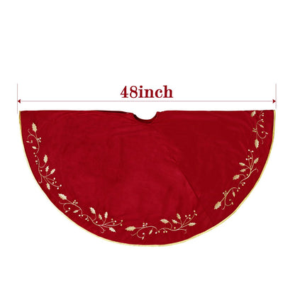 Bunny Chorus Christmas Tree Skirt, 48 inches Red Luxury Velvet Plush Fur Skirts with Gold Embroidered Holly Leaf for Rustic Xmas Tree Holiday Decorations
