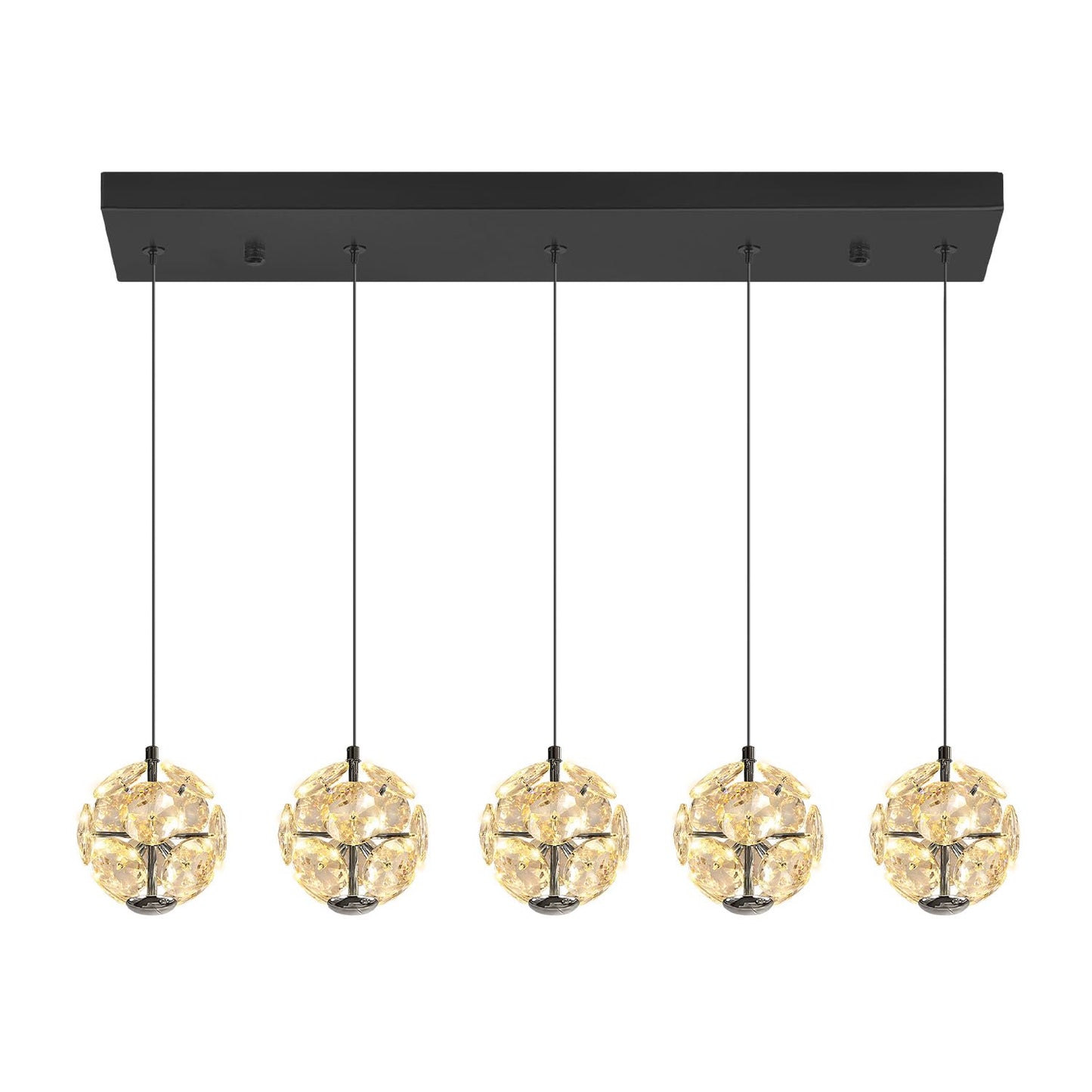 ykolupty 5-Lights Crystal Globe Pendant Light Kitchen Island Black Linear Chandeliers for Dining Room,LED Dimmable Globe Chandelier for Kitchen Living Room Foyer