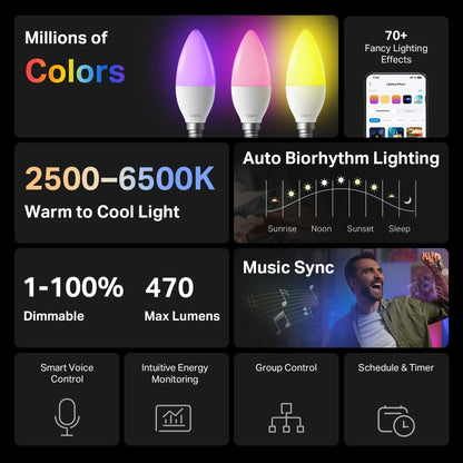 Tapo L430C(4-Pack) Smart Bulb, Alexa Light Bulbs, E14, LED Light Bulb, 470 Max Lumens, Dimmable, Colour Changing Light Bulb, Auto Biorhythm,Music Sync,Voice/APP Control,Schedule & Timer