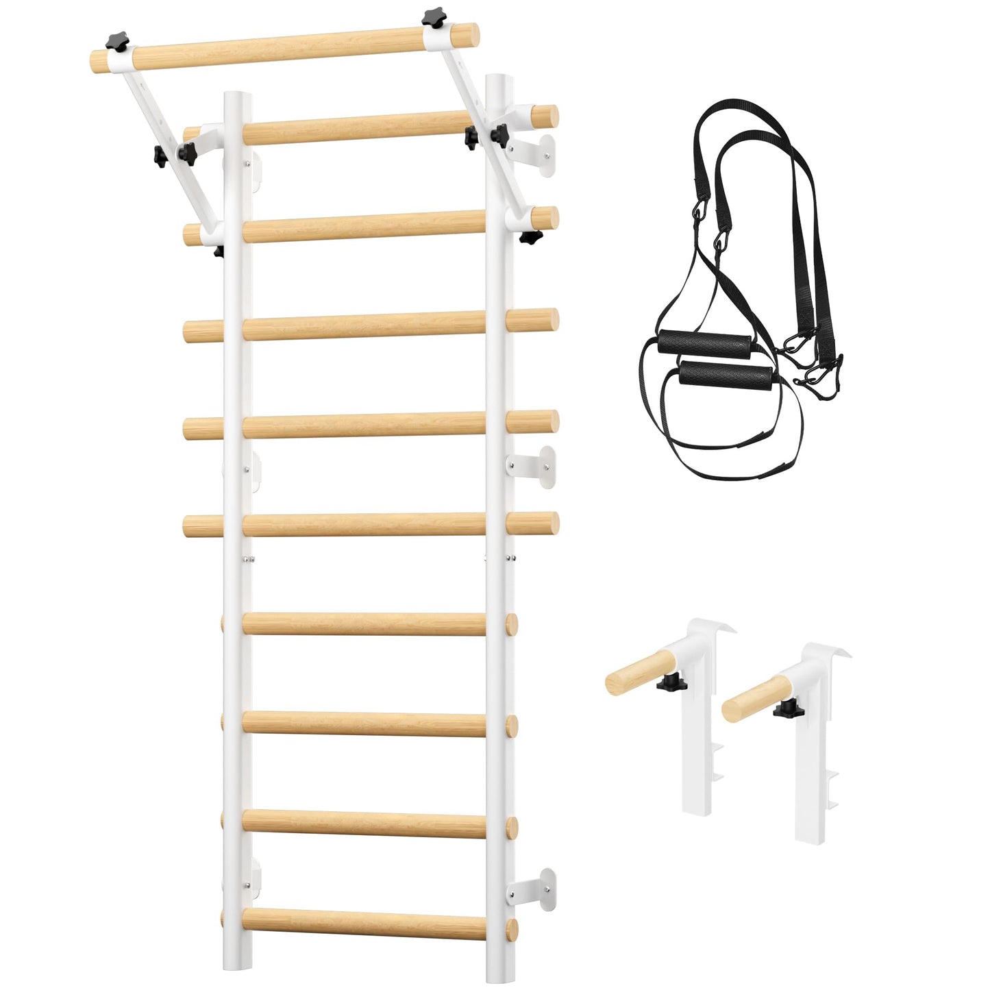 Cofiyard Swedish Ladder Wall Gym, Wooden Wall-Mounted Stall Bars with Pull-up Bar & Exercise Straps & Dip Bars, Stretching Ladder Full Body Home Gym Adults New, White