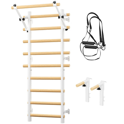 Cofiyard Swedish Ladder Wall Gym, Wooden Wall-Mounted Stall Bars with Pull-up Bar & Exercise Straps & Dip Bars, Stretching Ladder Full Body Home Gym Adults New, White