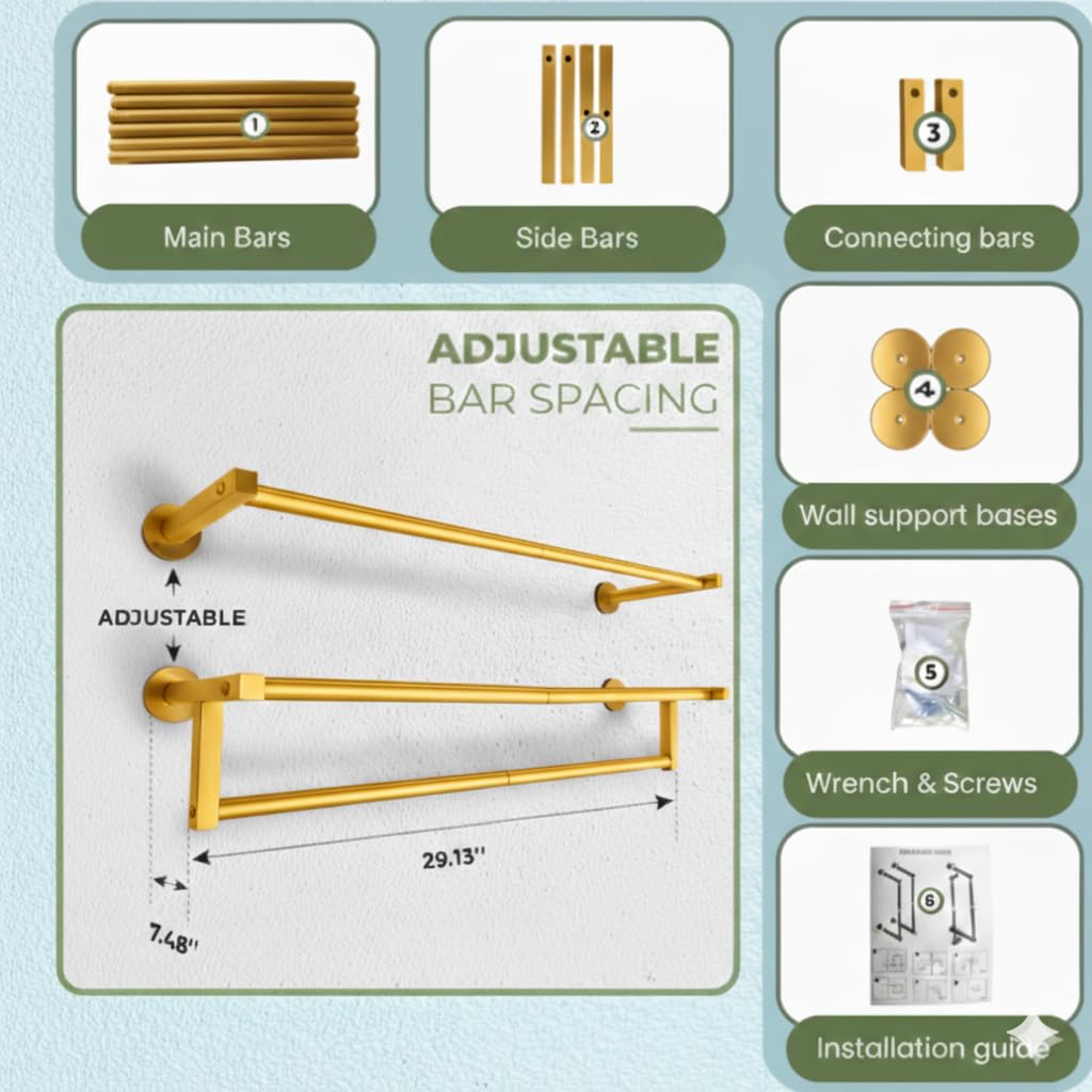 Gold towel rack | 4 in 1 Multifuntional, Horizontal & Vertical towel holder for bathroom wall & Double towel rod & Toilet Paper Holder | towel storage Rustproof | shower towel holder | wall towel rack
