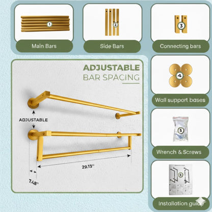 Gold towel rack | 4 in 1 Multifuntional, Horizontal & Vertical towel holder for bathroom wall & Double towel rod & Toilet Paper Holder | towel storage Rustproof | shower towel holder | wall towel rack