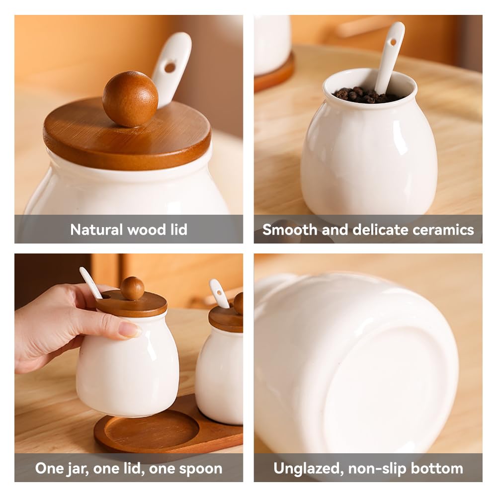 ANQIA Porcelain Condiment Jar Set Spice Jars with Wooden Lids and Tray Ceramic Spice Container with Spoons for Sugar, Salt,Tea, Spices, Coffee (Set of 3)