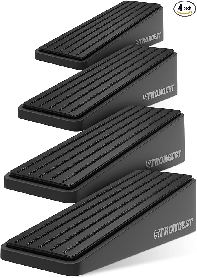 STRONGEST HOME Stoppers for Bottom of Door – Heavy Duty Metal Rubber Door Stopper, Non-Slip Door Stop for Heavy Doors, Works on Wood, Tile & Carpet Floors Wedge Black 4 PCs + 4 White Wall Protectors