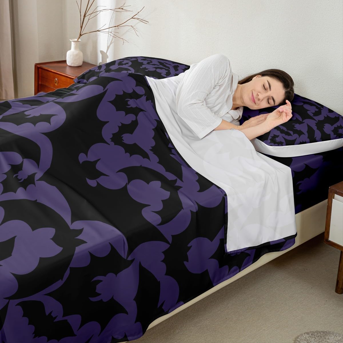Castle Fairy Halloween Themed Bed Sheet Set Twin Size,Black Bats Animal Print Fitted Sheet + 1 Flat + 1 Pillow Sham,Dark Purple Color Bed Mattress Cover for Kids Boys Xmas Gift,Ultra Soft