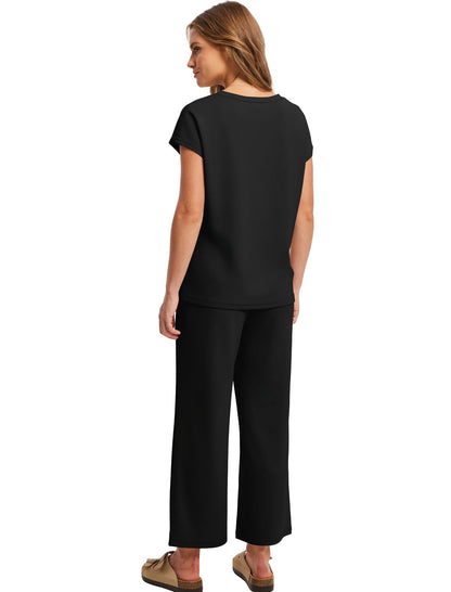 Two Piece Sets for Women Lounge Set Summer Travel Outfits Business Casual Matching Sets Women Clothing Beach Vacation Clothes Wide Leg Crop Pants Black L