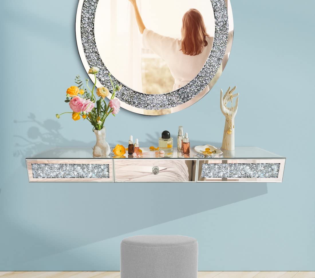 ST3000 Crystal Diamond Mirrored Wall Shelf with Drawer-31.5" Silver Mirror Crushed Glass Floating Shelf for Bedroom, Living Room, Vanity, Entryway-Glam Art Deco Display Shelf (Can Also Rest on Table)