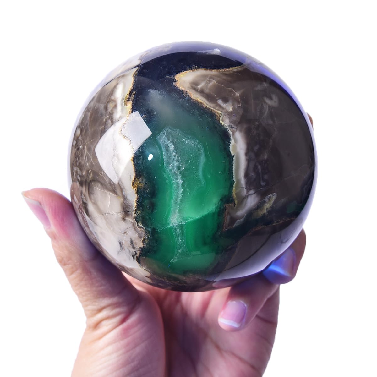 JIC Gem 3.1-3.5 inch(80-90mm) Large Volcanic Agate Crystal Sphere Quartz Crystal Ball with Stand Healing Ornament Witchcraft Meditation Decor