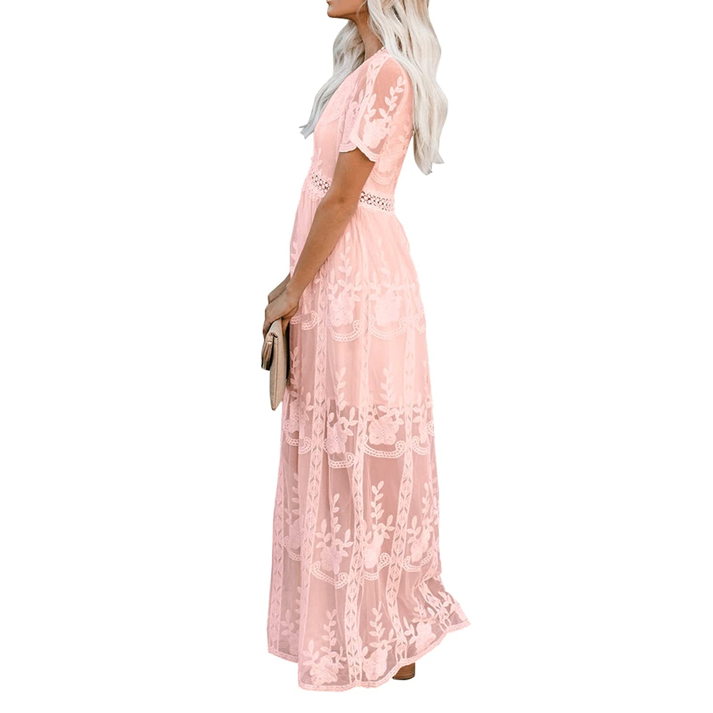 Womens Deep V Neck Short Sleeve Floral Lace Dress Long Bridesmaid Maxi Dresses