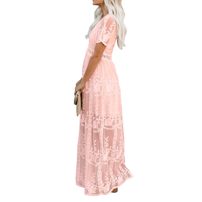Womens Deep V Neck Short Sleeve Floral Lace Dress Long Bridesmaid Maxi Dresses