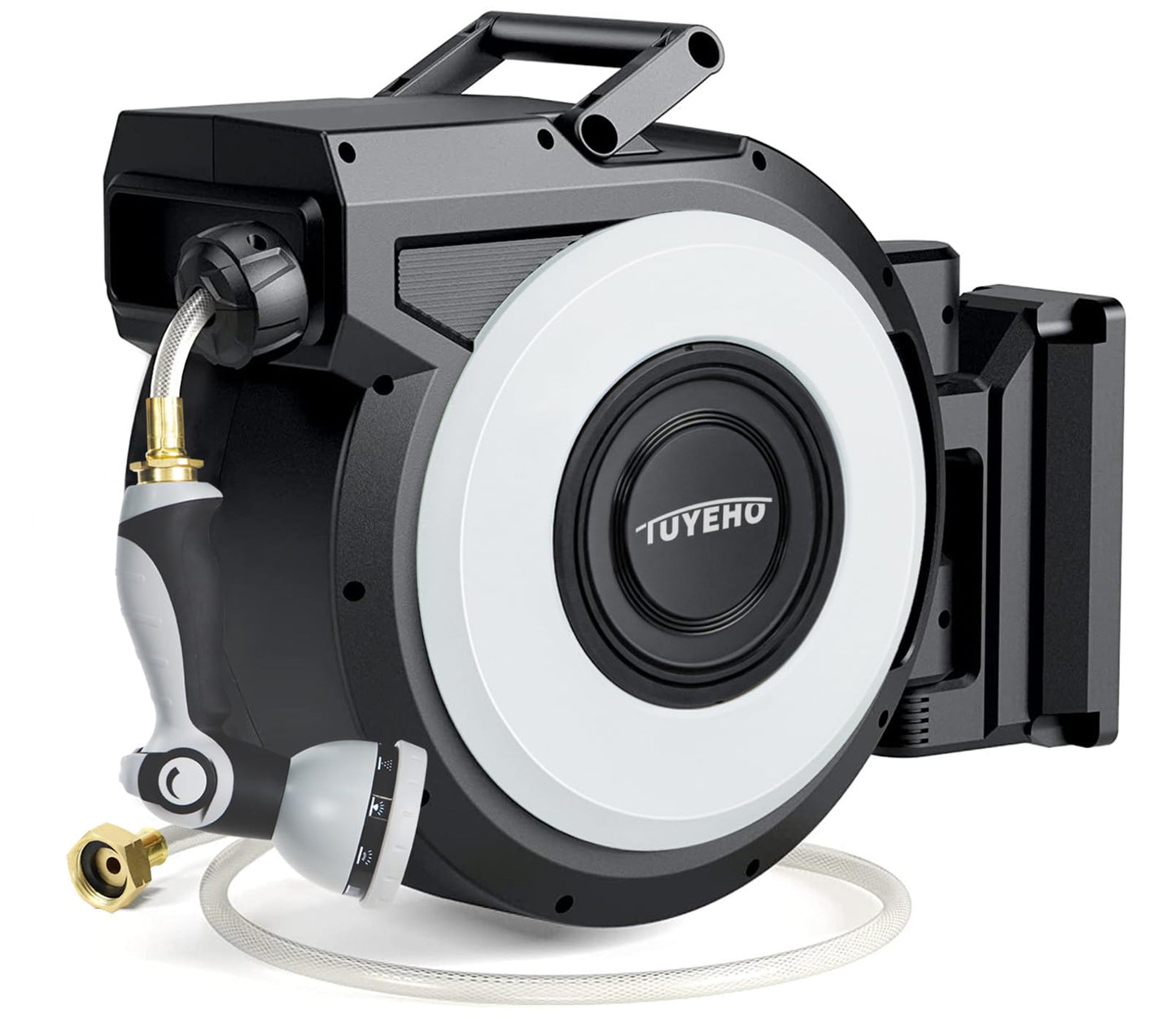 Tuyeho Retractable Garden Hose Reel 100FT, Wall Mount Heavy Duty Water Hose Reels with Automatic Slow Rewind System, Outdoor Hoses Reel with 2 Hose Nozzles for Garden Watering, Car Wash, Pet Shower