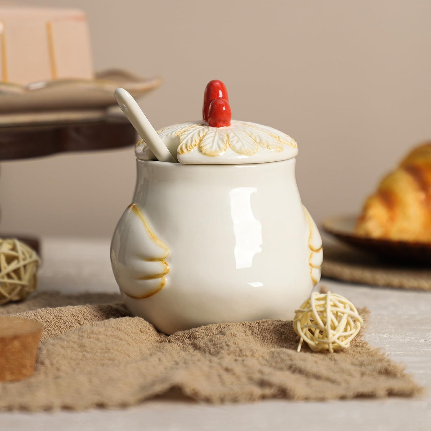 CHOOLD Retro Cartoon Rooster Ceramic Condiment Pot with Lid and Spoon, Salt Bowl Sugar Bowl