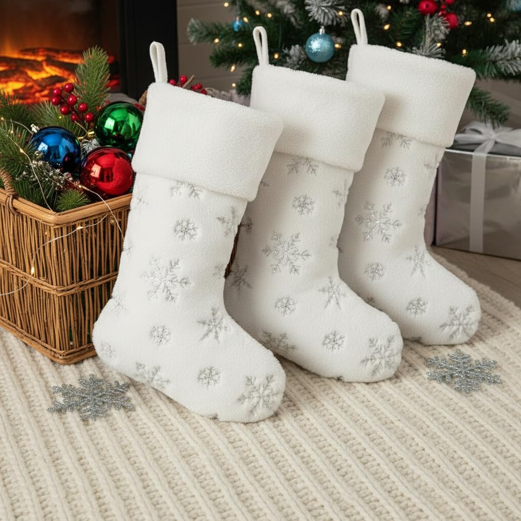 AOGU 3 Pack 22 Inch Faux Fur Sequin Snowflake Christmas Stockings Snowy White Christmas Stockings Hanging Ornaments Candy Gift Bags for Christmas Decorations