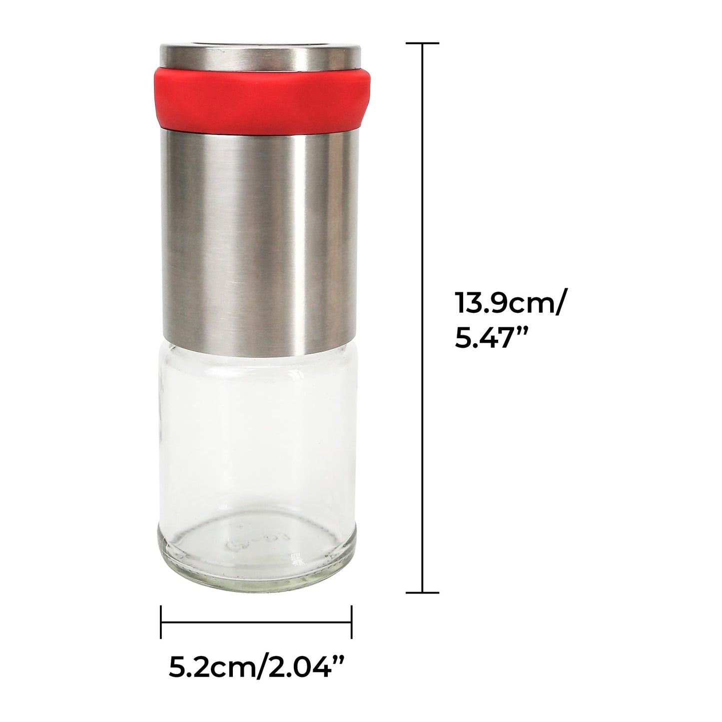 Chili Pepper Mill Grinder, Manual Spice Grinding Mills with Handle for Hot Cumin, Sea Salt or Pepper, Professional Chef Refillable Glass Body, Small 3Oz Capacity, Stainless Steel Blades