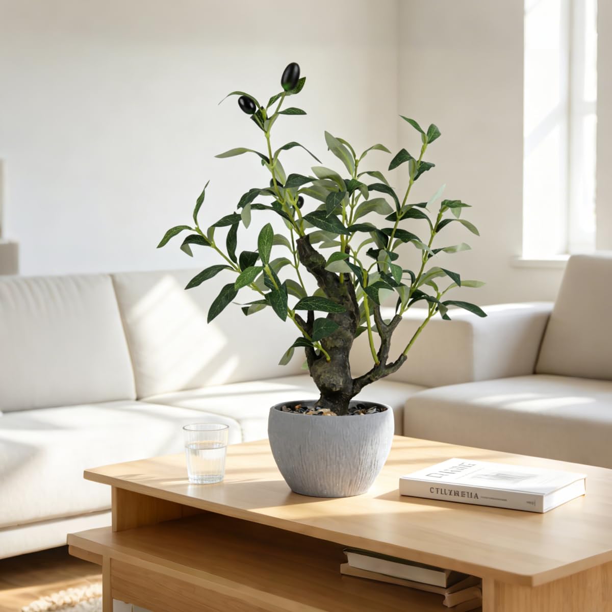 KAIRNE Artificial Olive Tree Potted,15.7” Tall Fake Green Plants,Realistic Leaves Decorative Table Decor,Lifelike Branches and Fruits Planter,Rustic Design Faux Plants for Home Office Desk Decor
