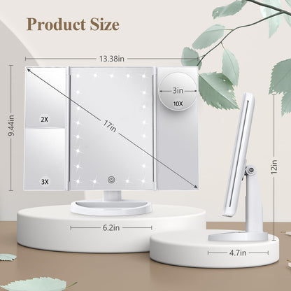 HUONUL Makeup Mirror, Vanity Mirror with Lights, 2X/3X/10X Magnification, Touch Control, Trifold, Dual Power Supply, Valentines Day Gifts for Her,Gifts for Women, Wife, Mom, Girls,Dorm Room Essentials